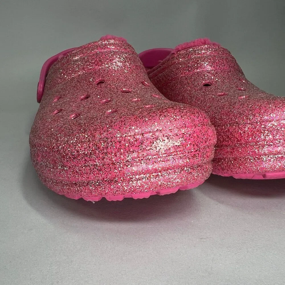 Crocs Pink Glitter Shoes Girl's Size 6 Insulated Lined‎ Slip On Clog Sandals
